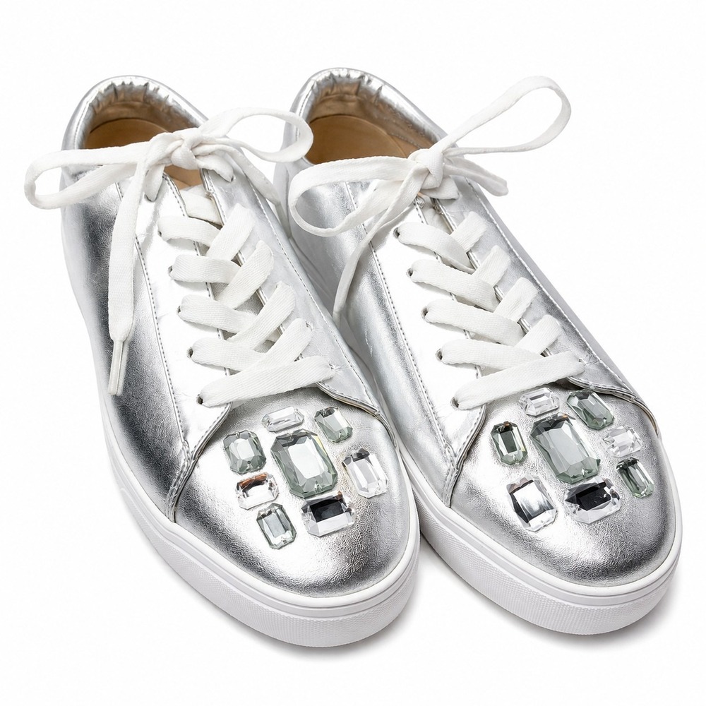NINE WEST "Homerun 3" Casual Sneaker Sz 10M Metallic Silver Crystal Accents **